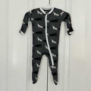 KicKee Pants footie sleeper 0-3 months grey with dogs pulling tree, bamboo